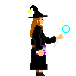 Pixelart of an Installation Witch holding a floppy disk in her right hand and a wand with a CD in her left hand