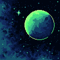 Pixelart of a green colored planet, a large nebula on the left side, and a starry background