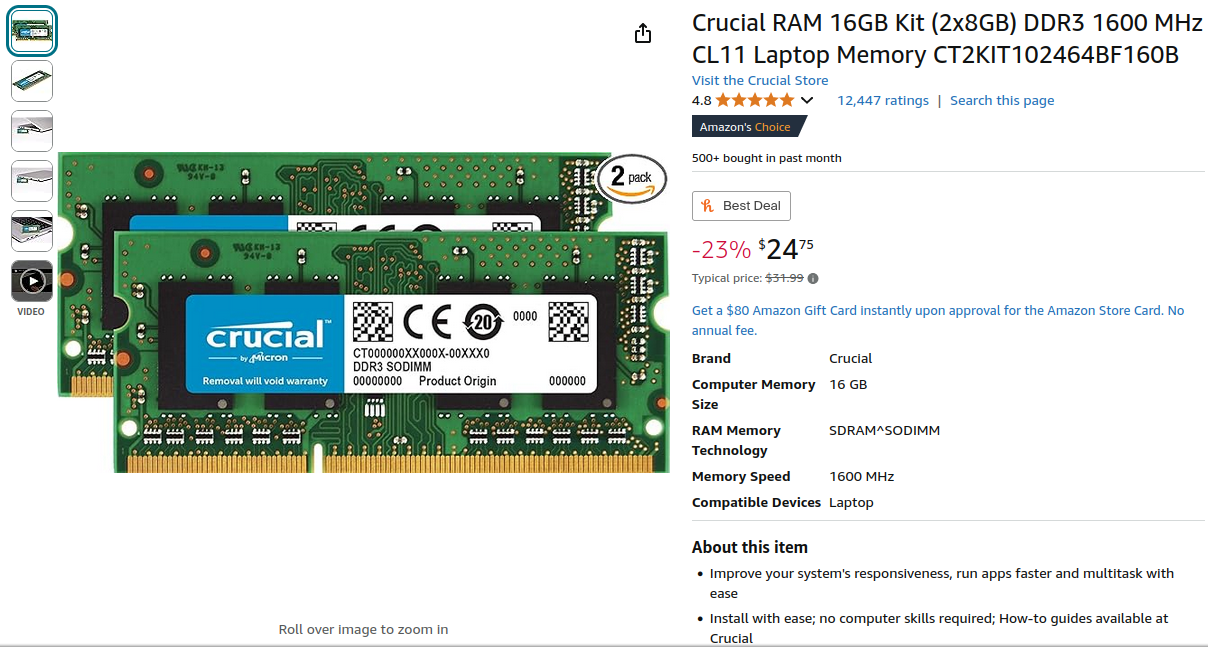 16GB Crucial RAM upgrade kit listing from Amazon for $24.75