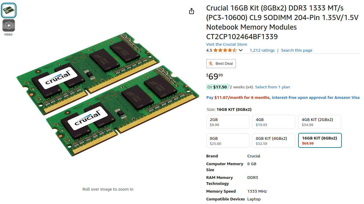 16GB Crucial RAM upgrade kit listing from Amazon for $69.99