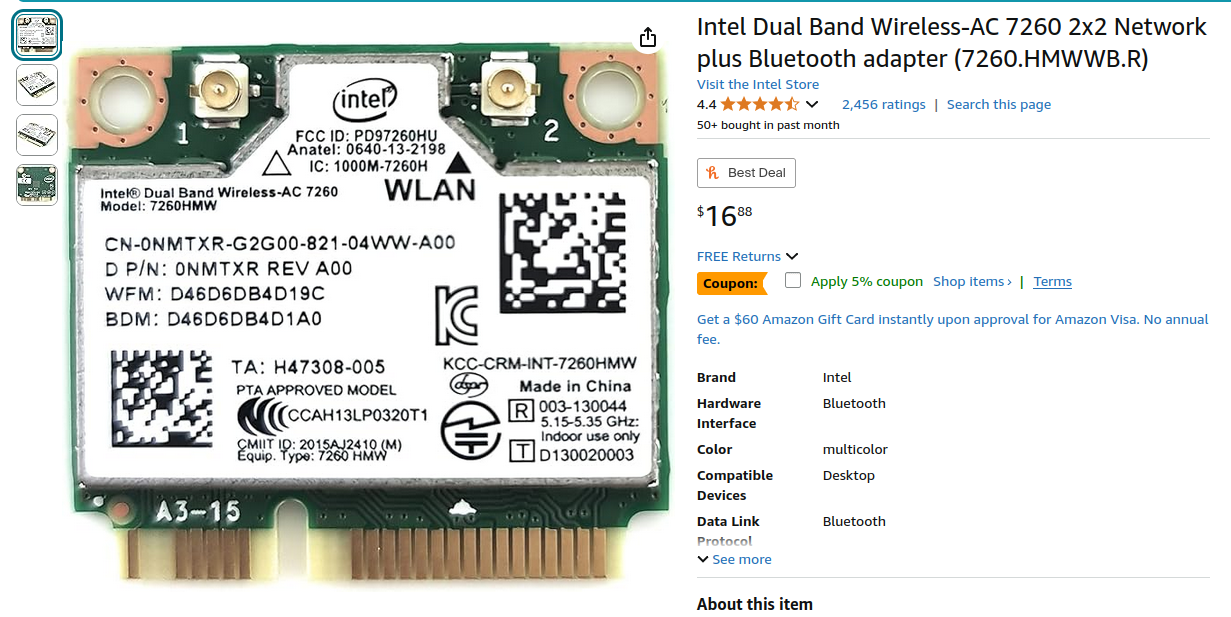 Screenshot of the amazon page for a Wireless-AC 7260 WLAN adapter