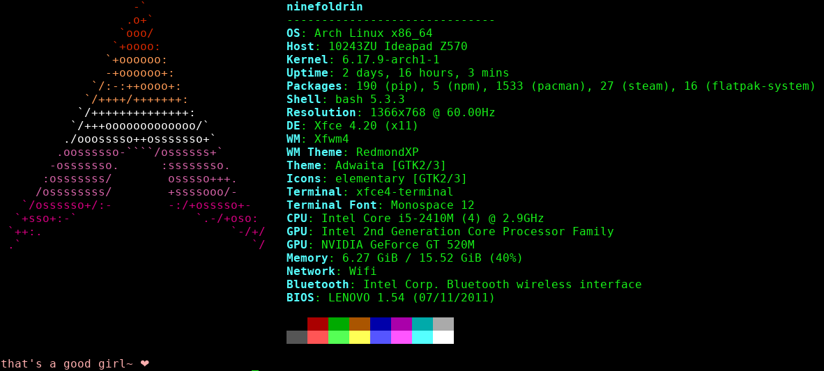 Screenshot of hyfetch info screen showing the Arch Linux logo in the colors of the lesbian pride flag with a line at the bottom added by shell mommy saying "that's a good girl~ ❤️'." Relevant specifications listed can be found throughout this page and may be added in a dedicated section in the future.